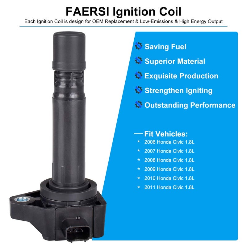 FAERSI Ignition Coils Pack 4 Set Replacement for 2006 2007 2008 2009 2010 2011 Honda Civic L4 1.8L, UF582 C1580 5C16371788393 RNAA01 IC662 - Image 2